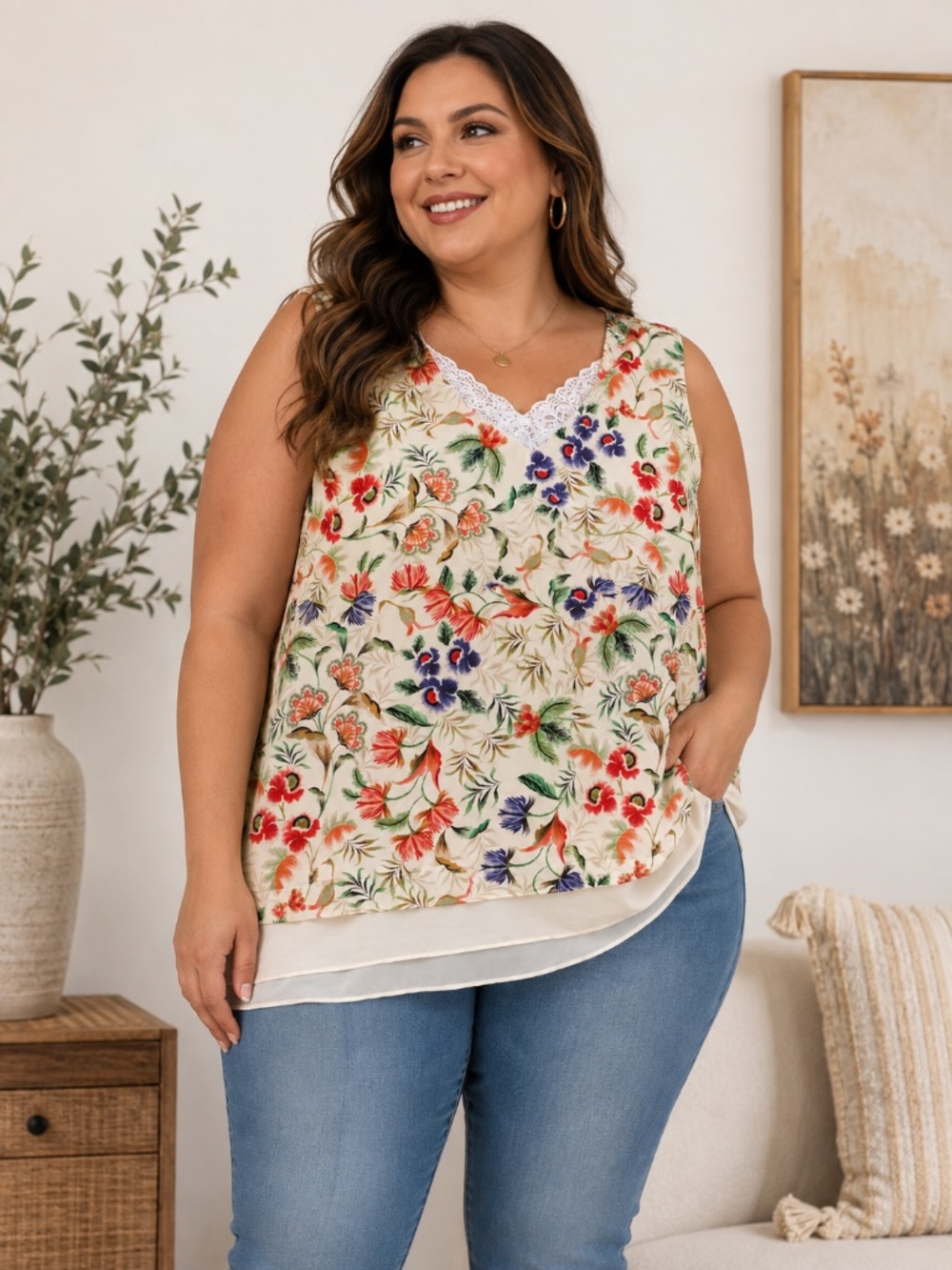 Rose + Olive 1X Floral Sleeveless Blouse Lace V-Neck Layered Hem Plus Size
